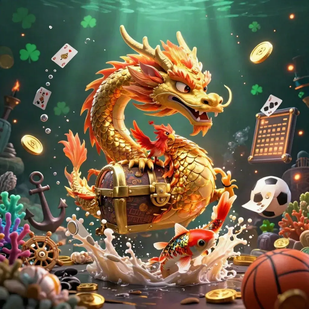 Golden dragon, phoenix and koi over treasure in an underwater neon casino cove