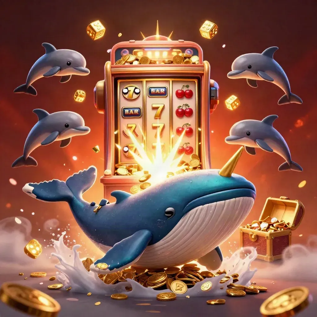 Cartoon whale captain, narwhal, and dolphins burst through coins around a slot machine.