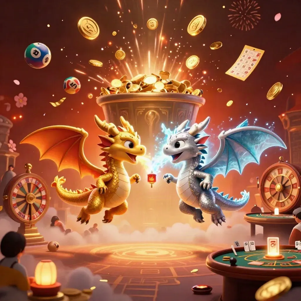 Gold and silver dragons spiral amid coins, lottery balls, wheels, and desert casino magic.