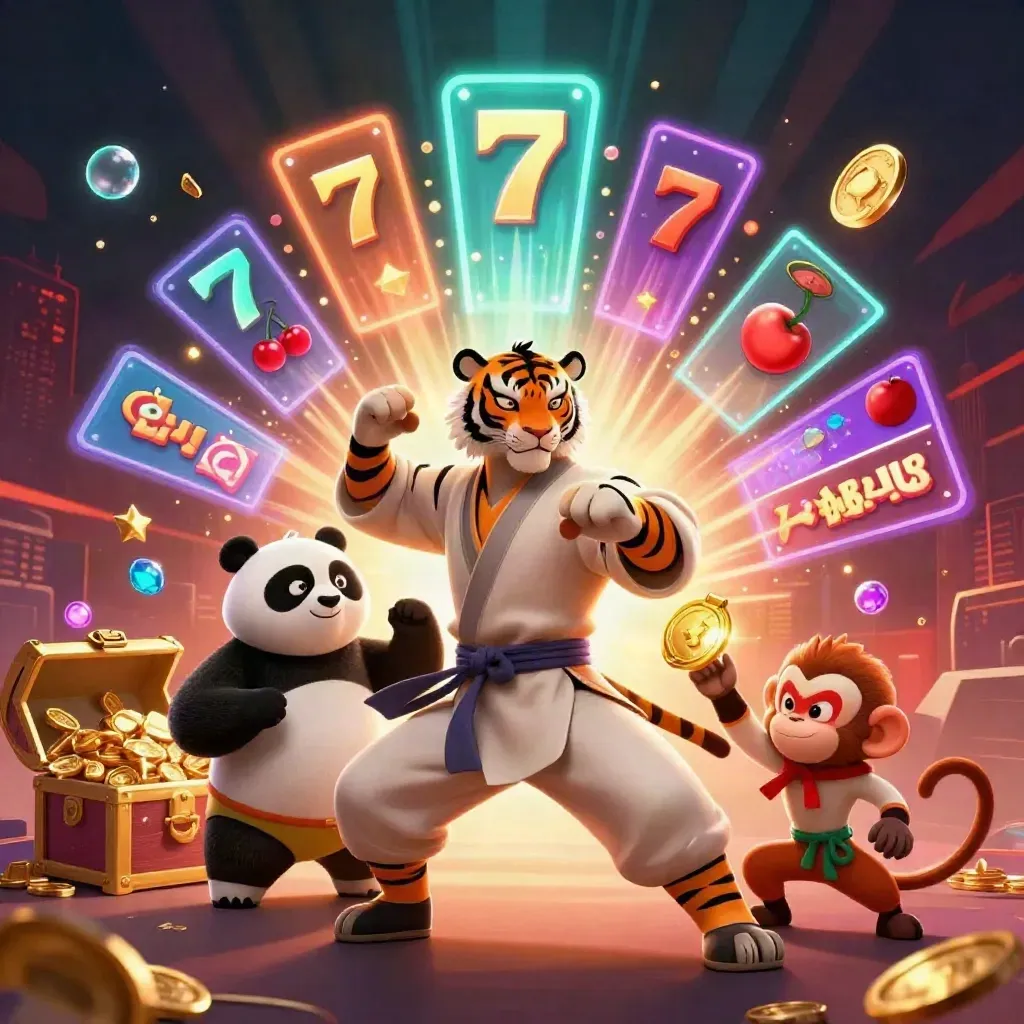 Tiger, panda, and monkey in a flashy slot-machine blast with coins, dice, and neon glow.