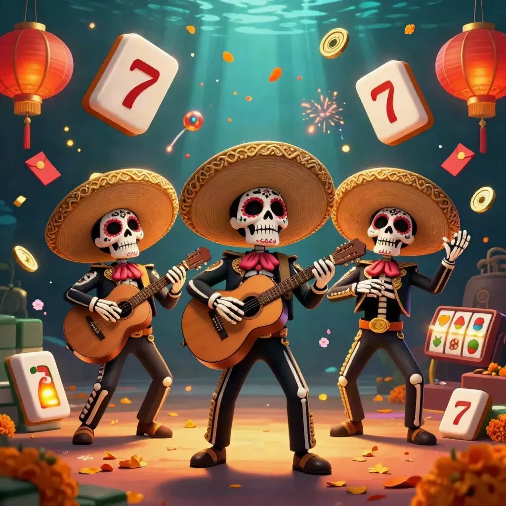 Skeleton mariachi trio amid casino symbols, lanterns, coins, and gold light