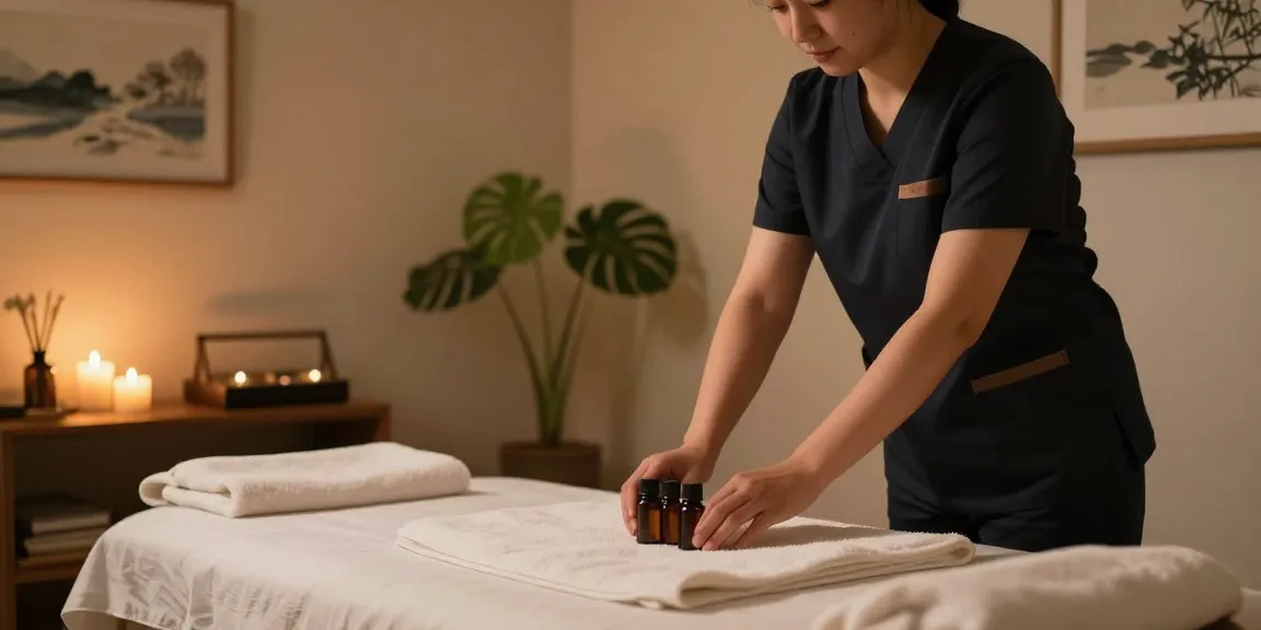 Experience a 신림동출장마사지 in a serene wellness studio, with aromatherapy oils and calming ambiance.